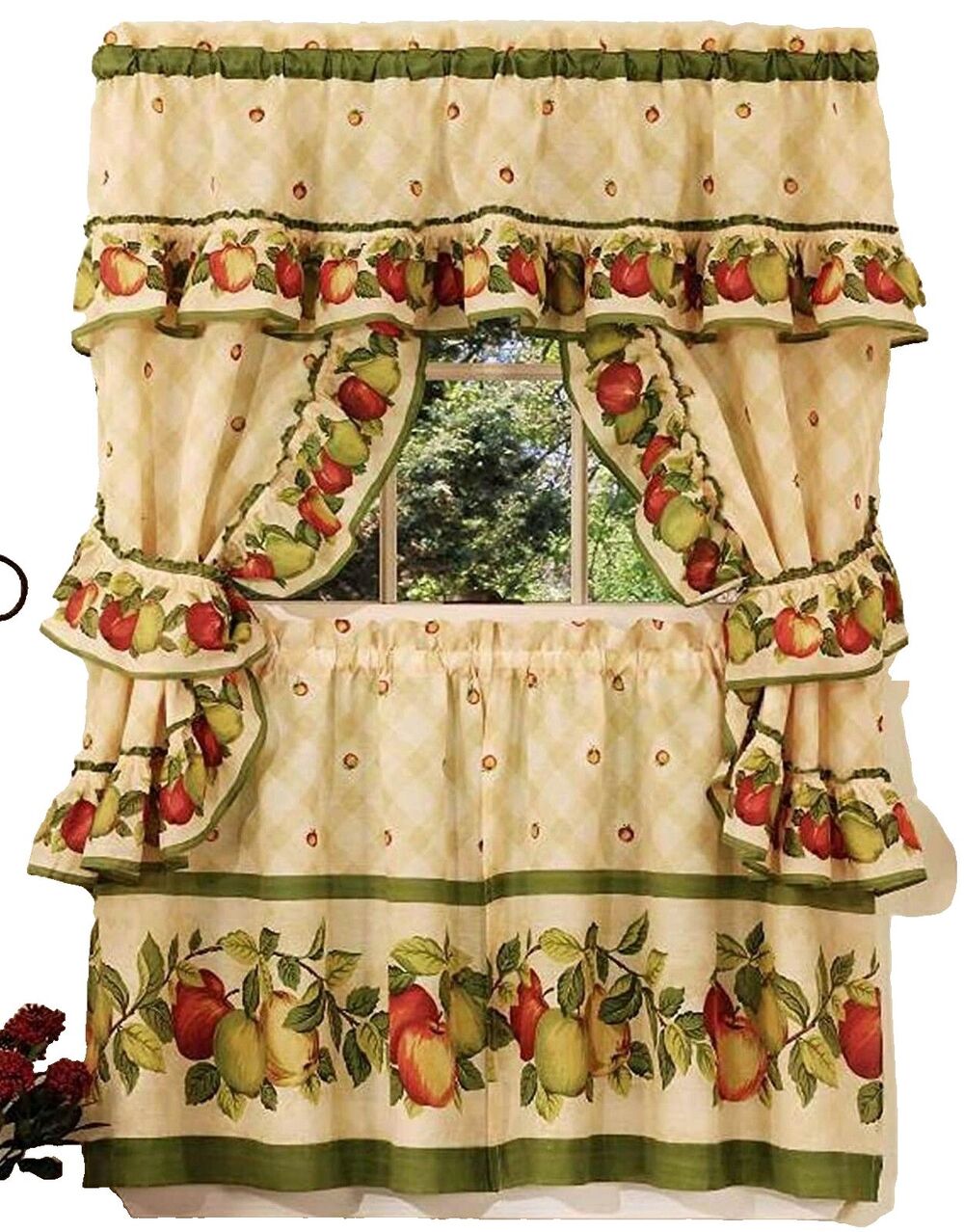 3 pc Printed Kitchen Curtains Tailored Cottage Set, APPLES ORCHARD by Achim